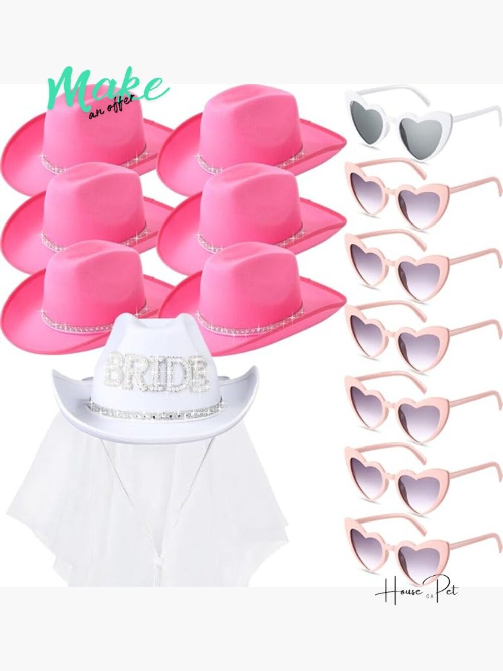 14 Pcs Bridal Cowgirl Party Set Heart Glasses Cowboy Hats Bachelorette Wedding
